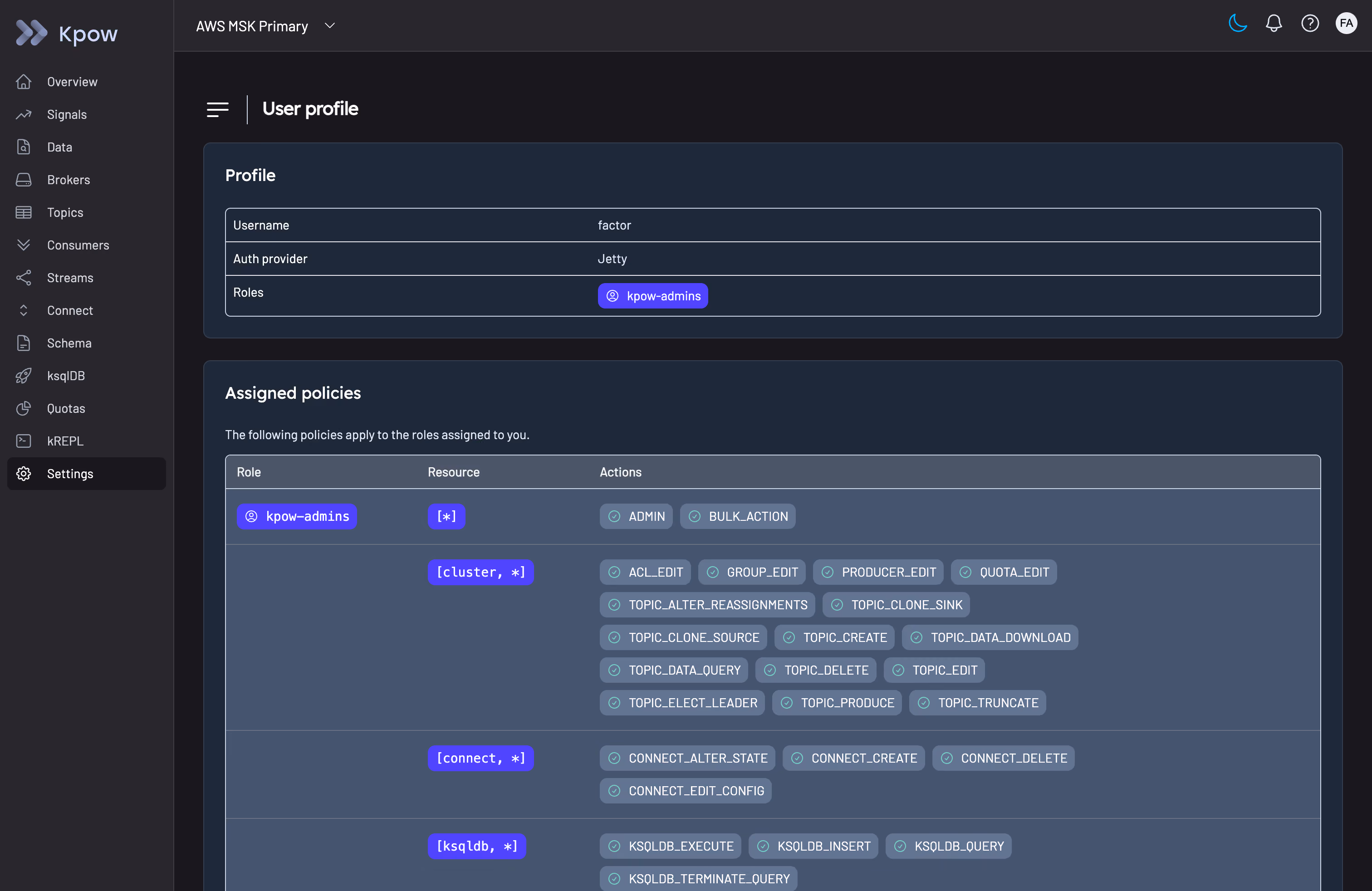 Kpow role-based access control view showing policies applied across clusters