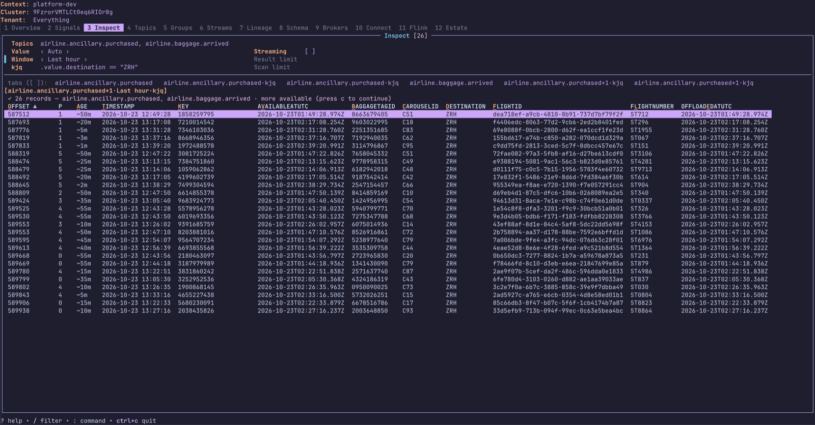 Data Inspect in the terminal UI: a kJQ query across two airline topics, with matching records in a sortable table