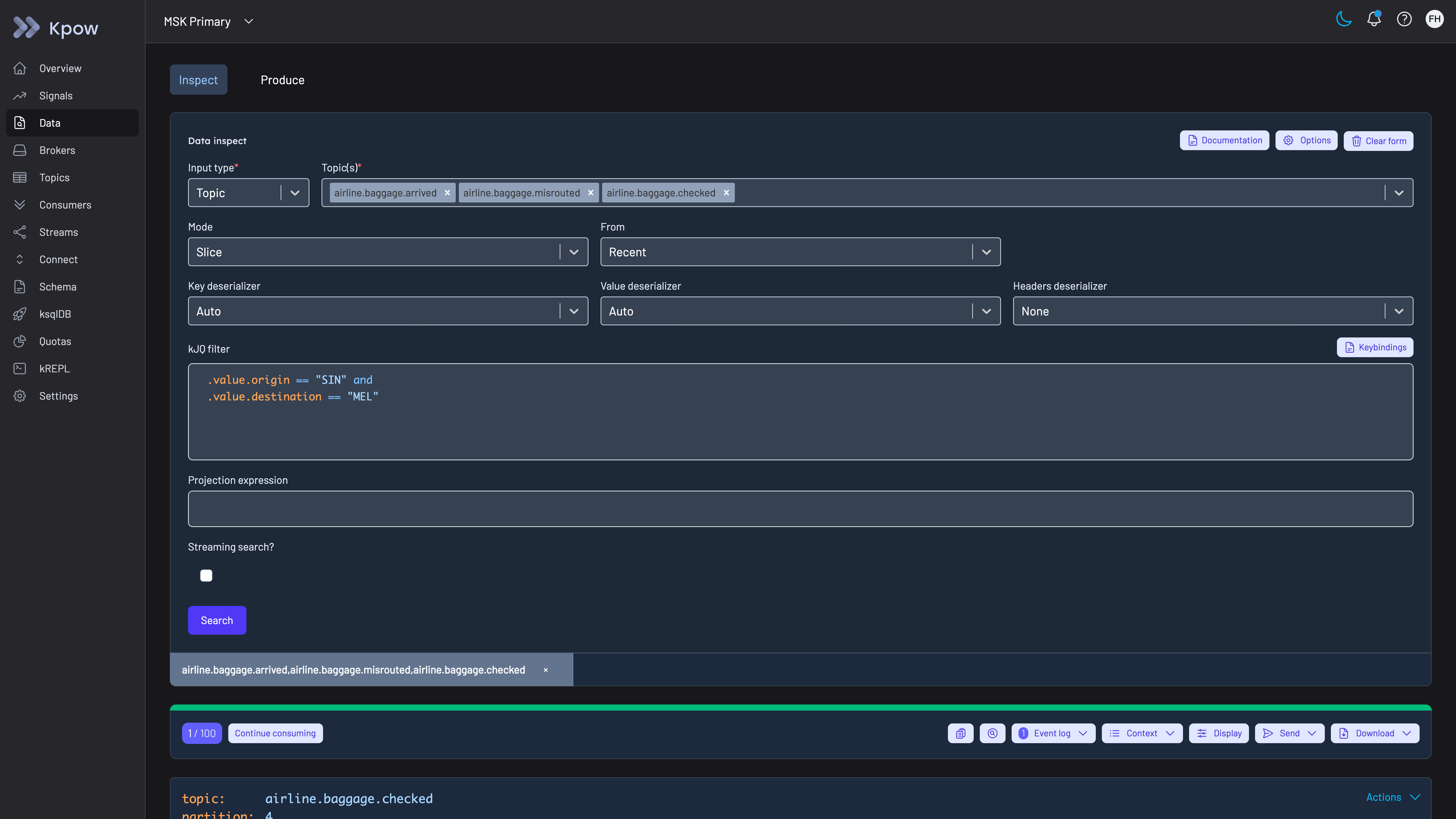 Kpow Data Inspect on the MSK Primary demo cluster with three topics selected and a kJQ filter matching messages on two value fields