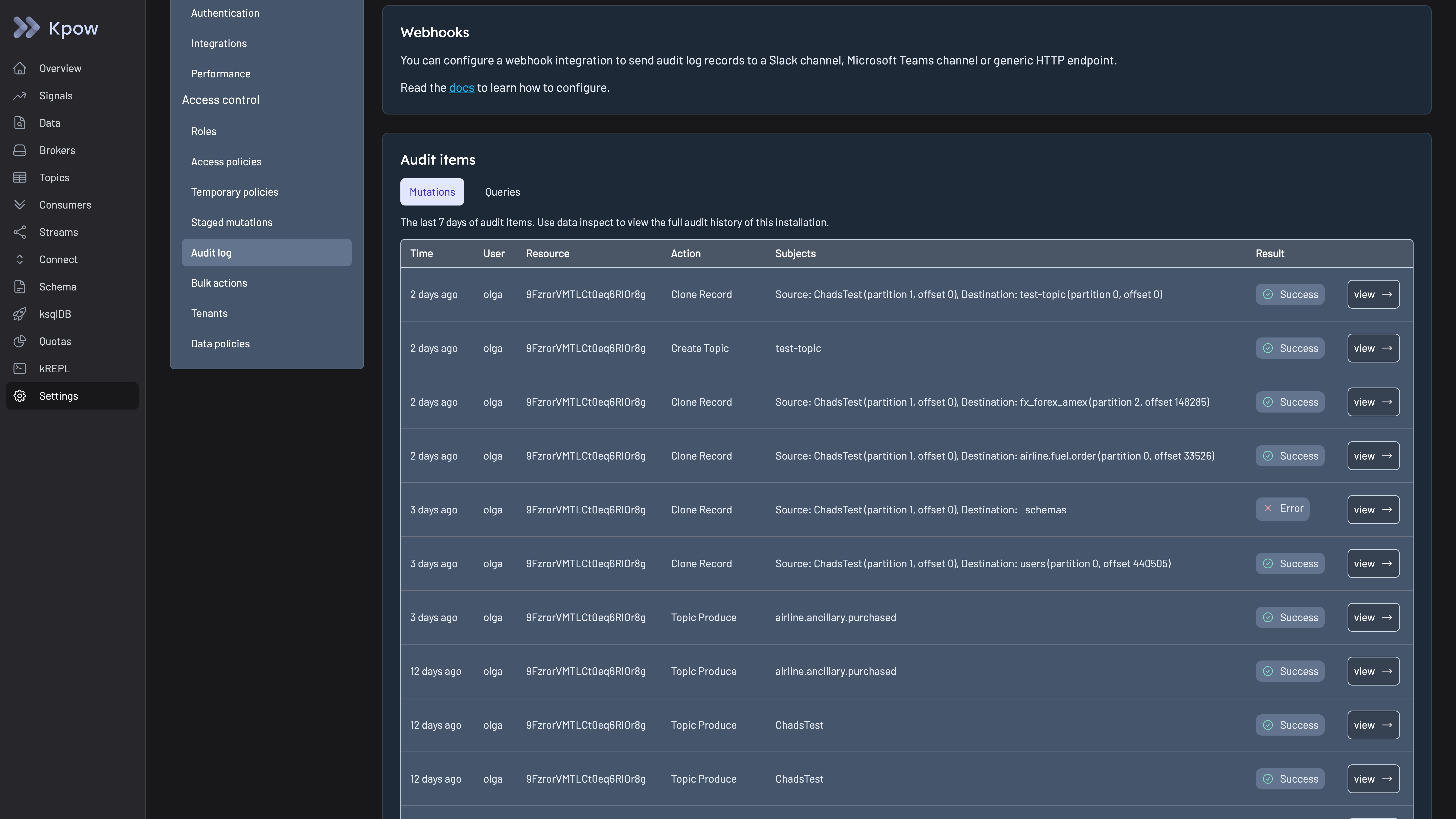 Kpow Settings Audit log page, Mutations tab, listing Clone Record, Create Topic and Topic Produce actions with the user, subjects and a Success or Error result for each