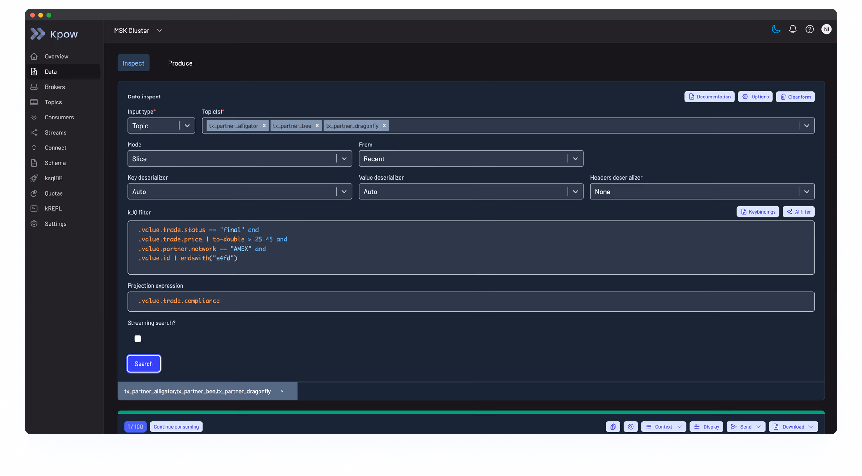 Kpow inspecting Kafka topics and messages across a logistics platform
